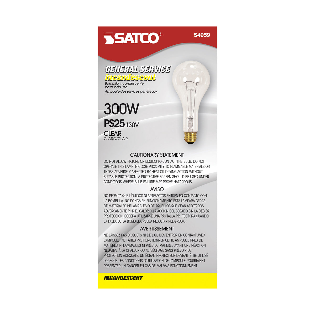 300 Watt PS25 Incandescent - Clear - 5000 Average rated hours - 3600 Lumens - Medium base - 130 Volt