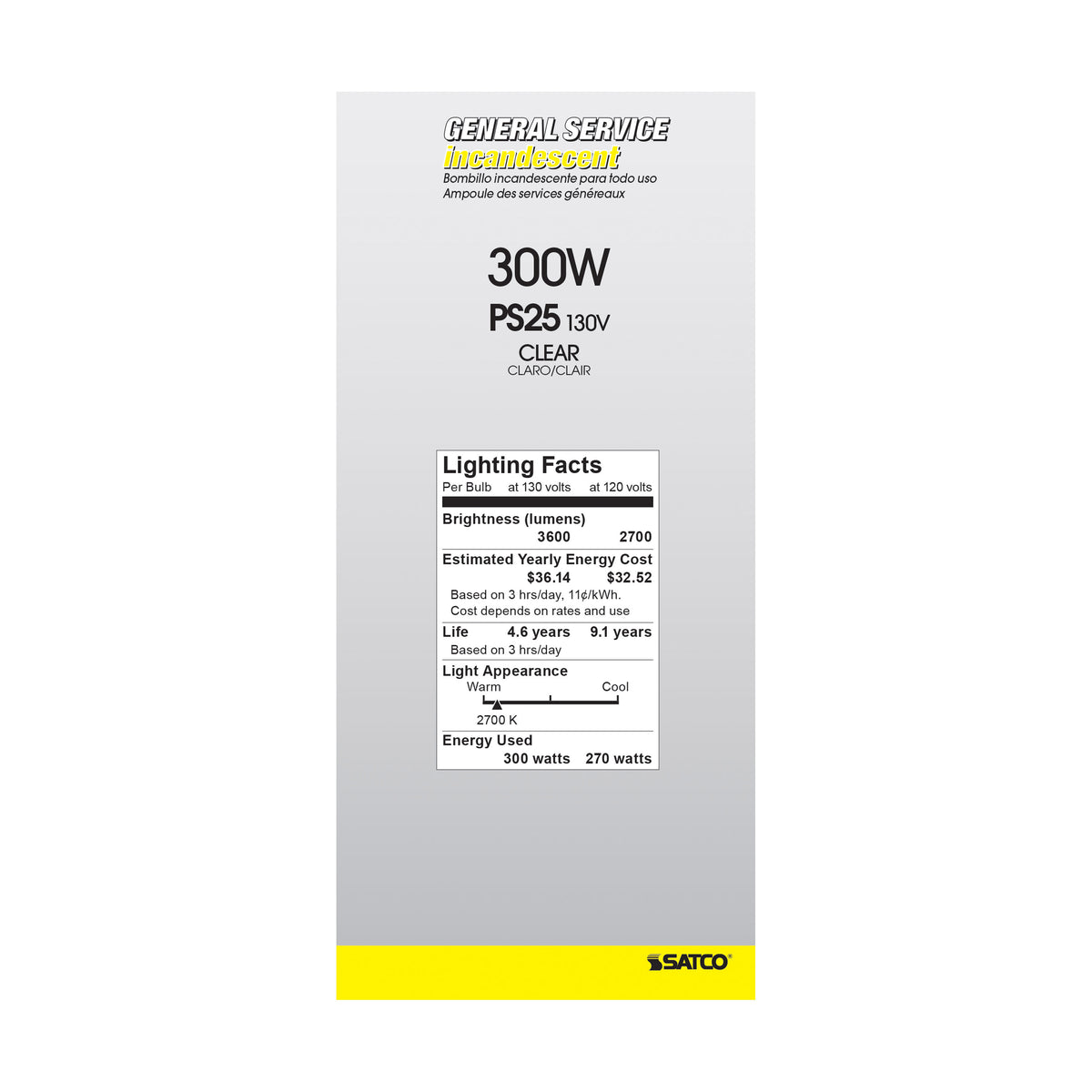 300 Watt PS25 Incandescent - Clear - 5000 Average rated hours - 3600 Lumens - Medium base - 130 Volt