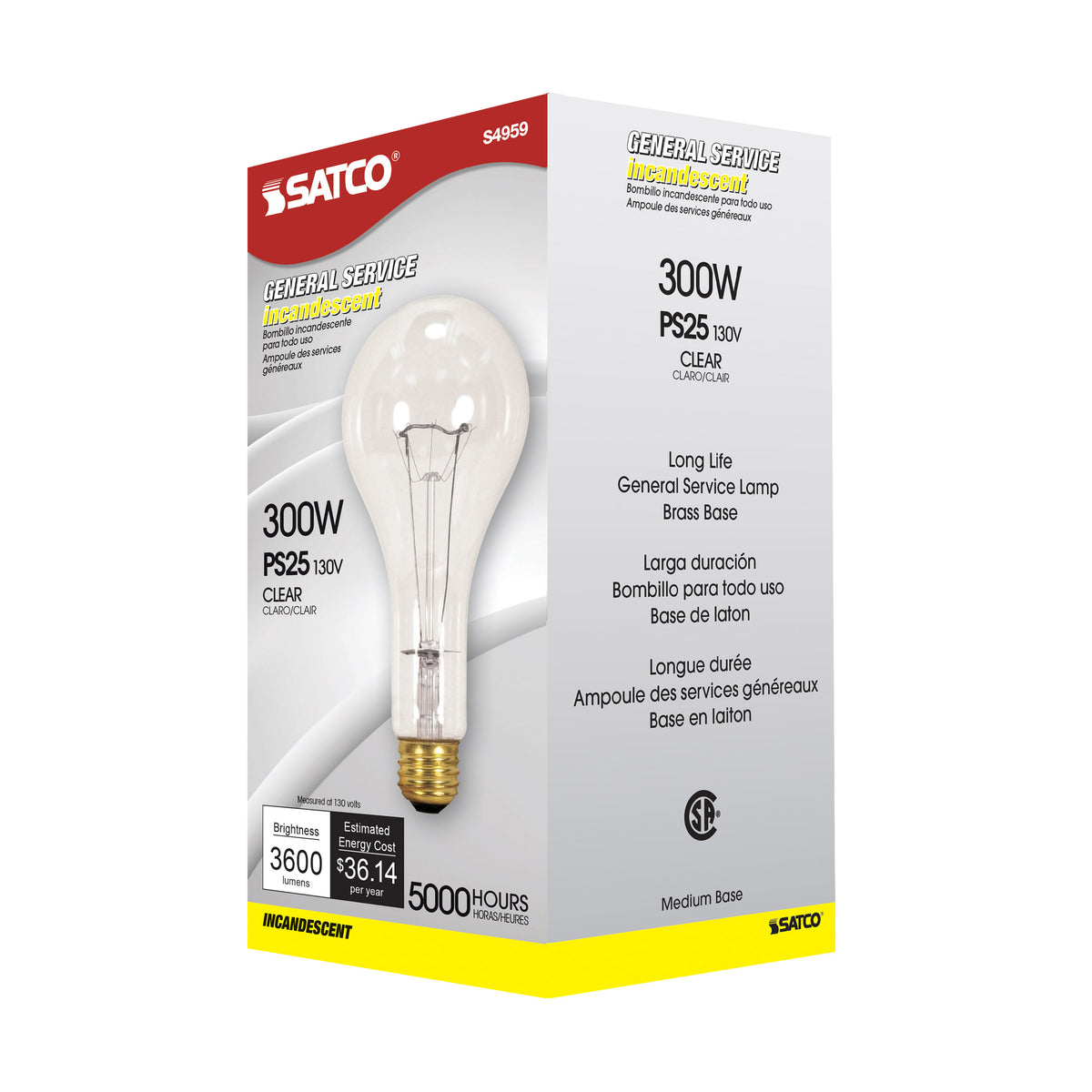300 Watt PS25 Incandescent - Clear - 5000 Average rated hours - 3600 Lumens - Medium base - 130 Volt