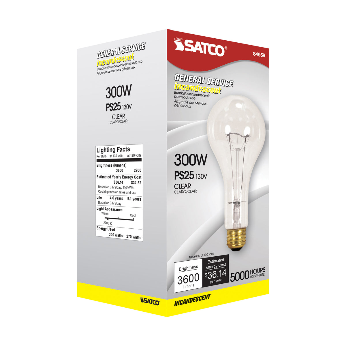 300 Watt PS25 Incandescent - Clear - 5000 Average rated hours - 3600 Lumens - Medium base - 130 Volt
