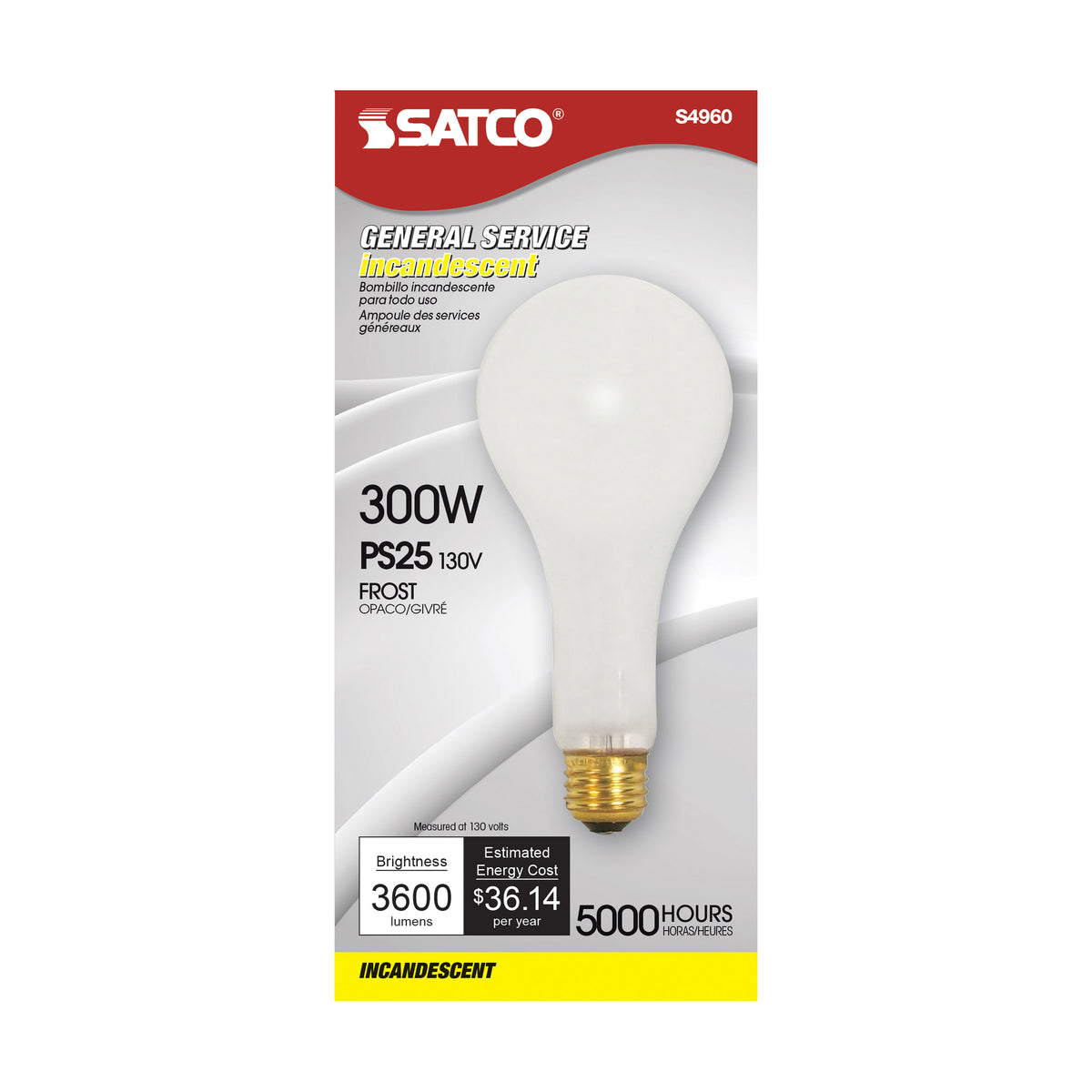 300 Watt PS25 Incandescent - Frost - 5000 Average rated hours - 3600 Lumens - Medium base - 130 Volt