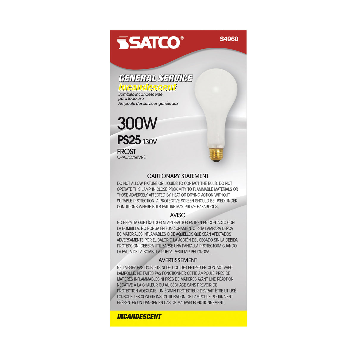 300 Watt PS25 Incandescent - Frost - 5000 Average rated hours - 3600 Lumens - Medium base - 130 Volt