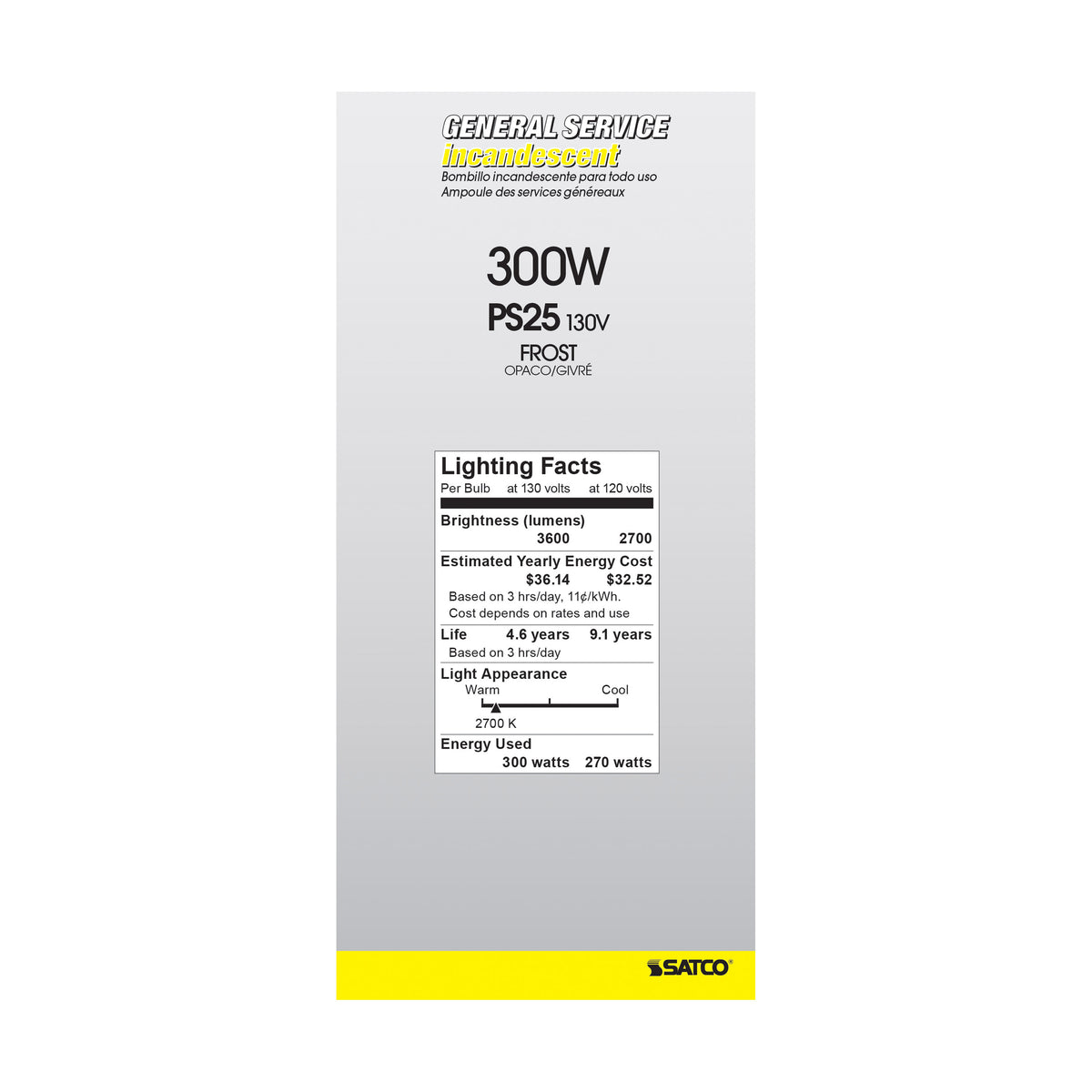 300 Watt PS25 Incandescent - Frost - 5000 Average rated hours - 3600 Lumens - Medium base - 130 Volt