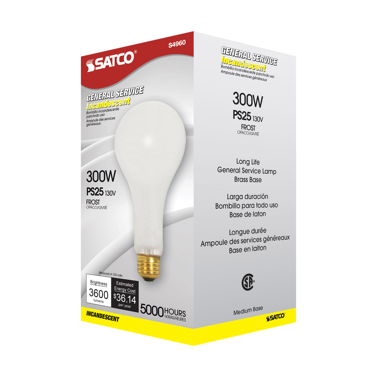 300 Watt PS25 Incandescent - Frost - 5000 Average rated hours - 3600 Lumens - Medium base - 130 Volt