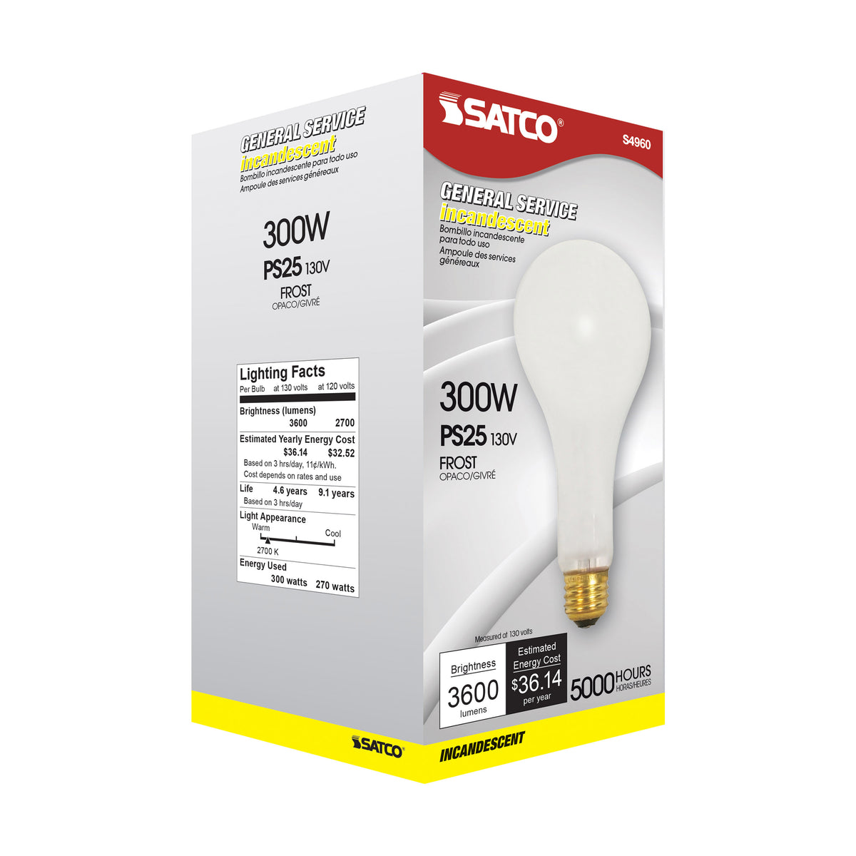 300 Watt PS25 Incandescent - Frost - 5000 Average rated hours - 3600 Lumens - Medium base - 130 Volt