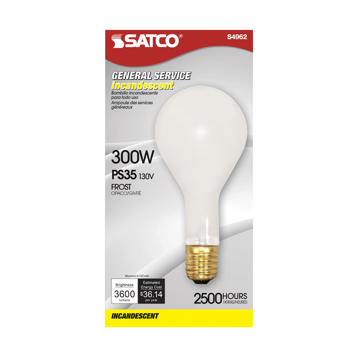 300 Watt PS35 Incandescent - Frost - 2500 Average rated hours - 3600 Lumens - Mogul base - 130 Volt