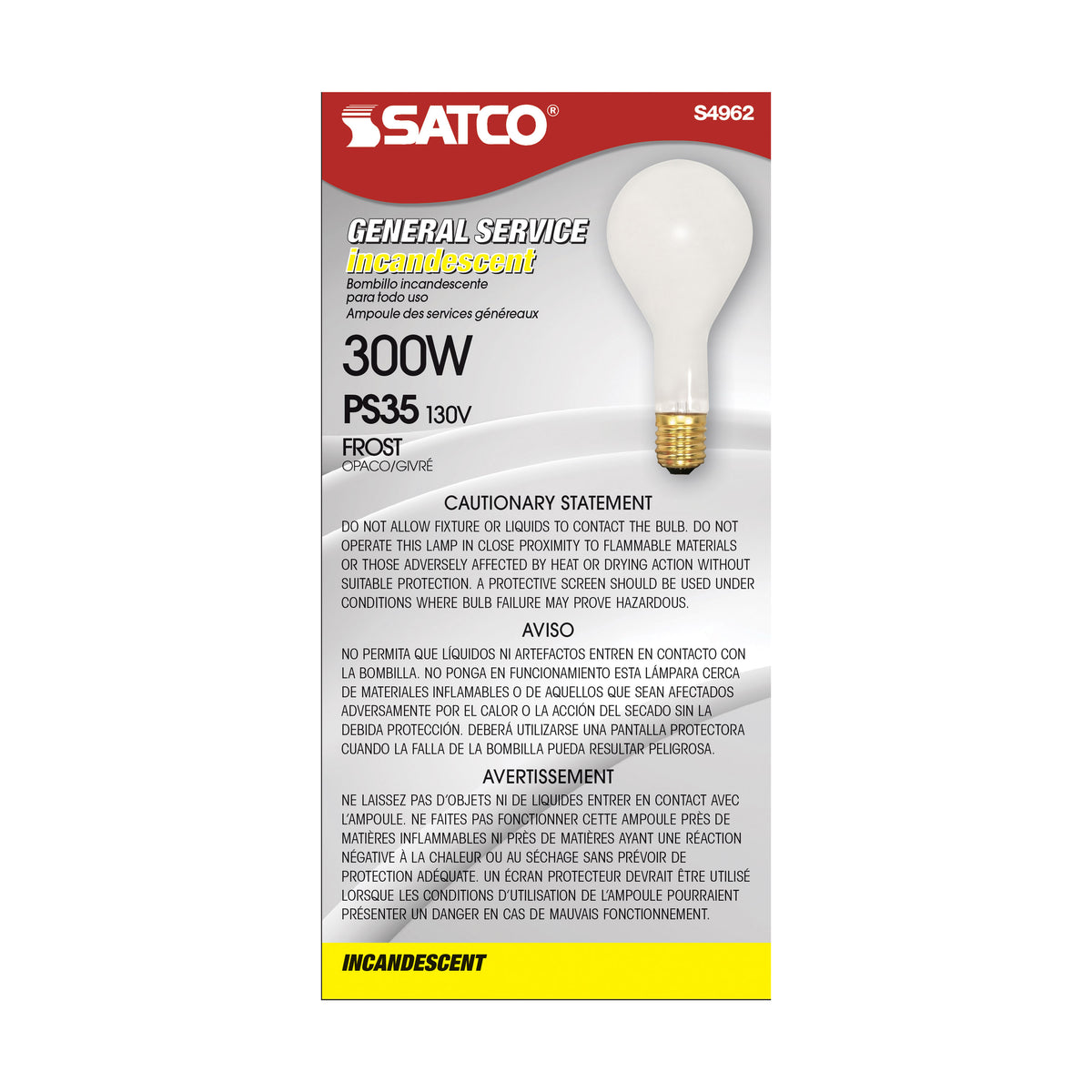 300 Watt PS35 Incandescent - Frost - 2500 Average rated hours - 3600 Lumens - Mogul base - 130 Volt