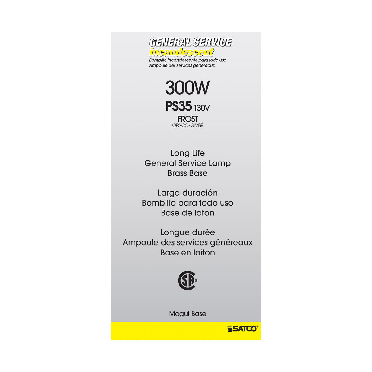 300 Watt PS35 Incandescent - Frost - 2500 Average rated hours - 3600 Lumens - Mogul base - 130 Volt