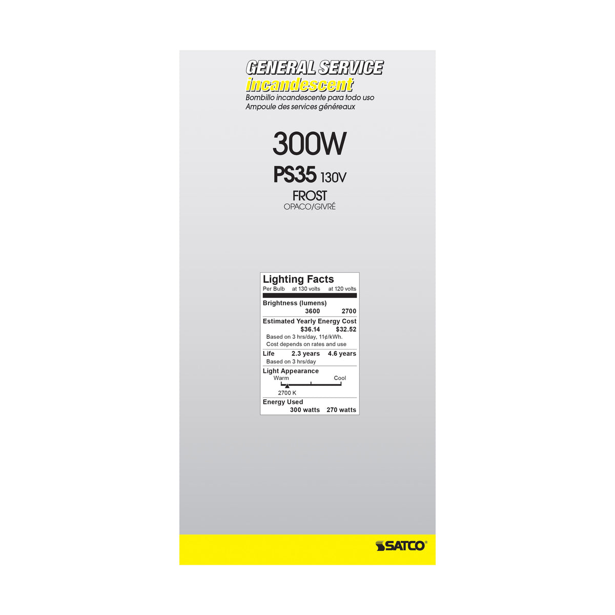 300 Watt PS35 Incandescent - Frost - 2500 Average rated hours - 3600 Lumens - Mogul base - 130 Volt