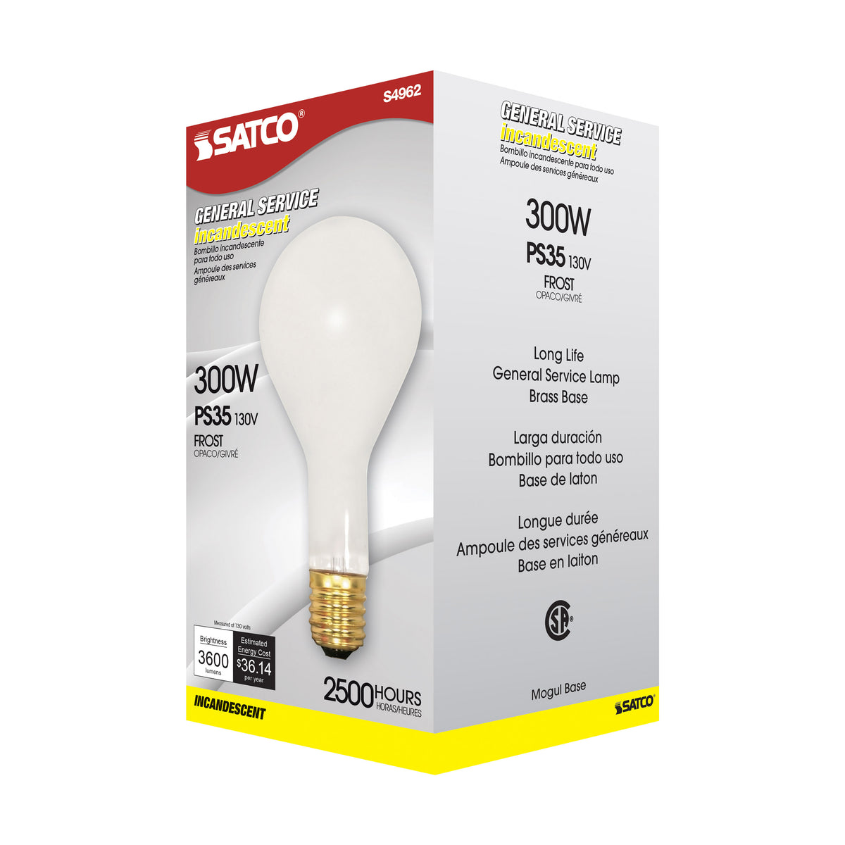 300 Watt PS35 Incandescent - Frost - 2500 Average rated hours - 3600 Lumens - Mogul base - 130 Volt