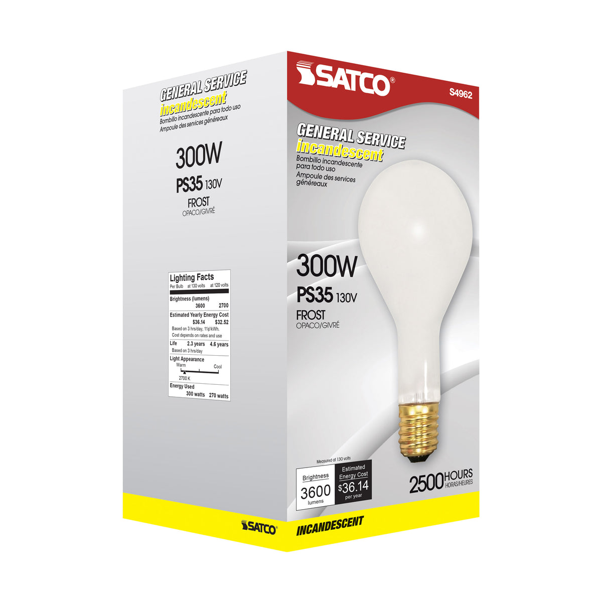 300 Watt PS35 Incandescent - Frost - 2500 Average rated hours - 3600 Lumens - Mogul base - 130 Volt