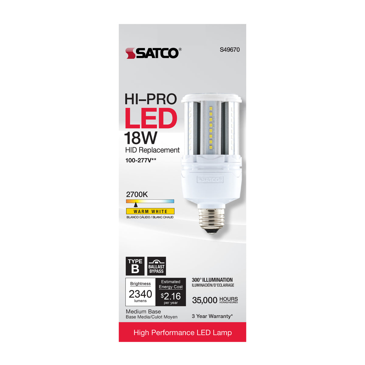 18 Watt LED HID Replacement - 80 CRI - 2700K - Type B - Ballast Bypass - Medium base - Economy Hi-Pro