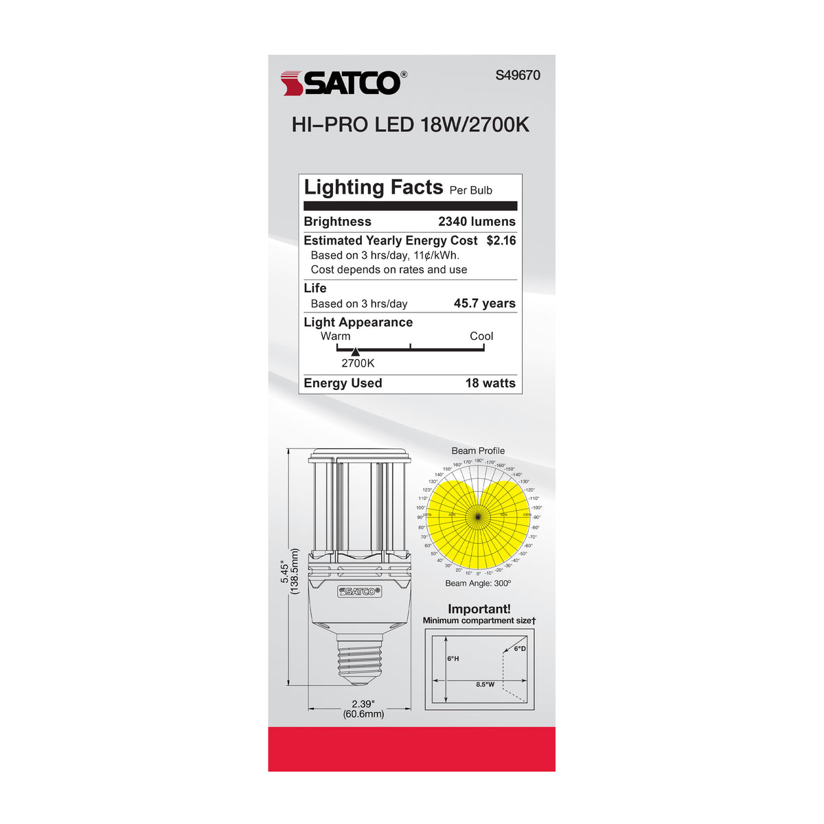 18 Watt LED HID Replacement - 80 CRI - 2700K - Type B - Ballast Bypass - Medium base - Economy Hi-Pro