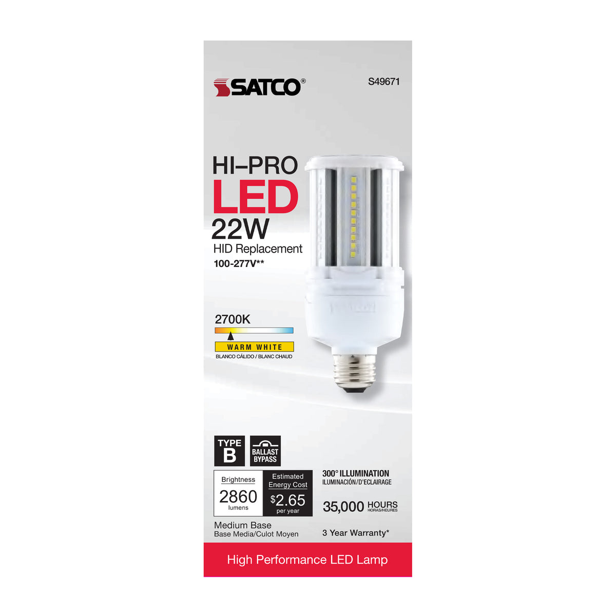 22 Watt LED HID Replacement - 80 CRI - 2700K - Type B - Ballast Bypass - Medium base - Economy Hi-Pro