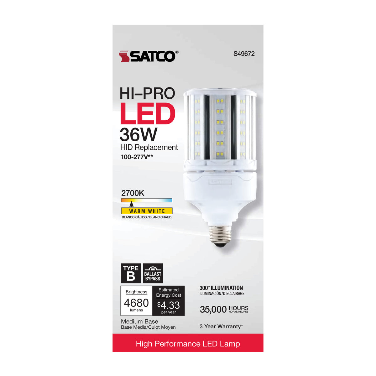 36 Watt LED HID Replacement - 80 CRI - 2700K - Type B - Ballast Bypass - Medium base - Economy Hi-Pro