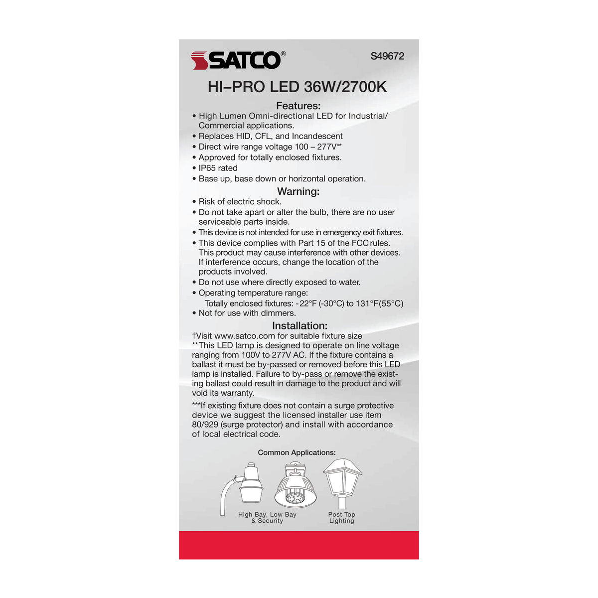 36 Watt LED HID Replacement - 80 CRI - 2700K - Type B - Ballast Bypass - Medium base - Economy Hi-Pro