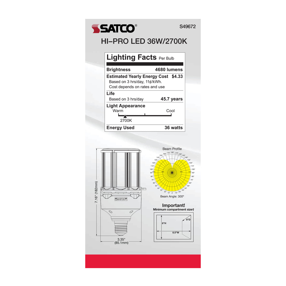 36 Watt LED HID Replacement - 80 CRI - 2700K - Type B - Ballast Bypass - Medium base - Economy Hi-Pro