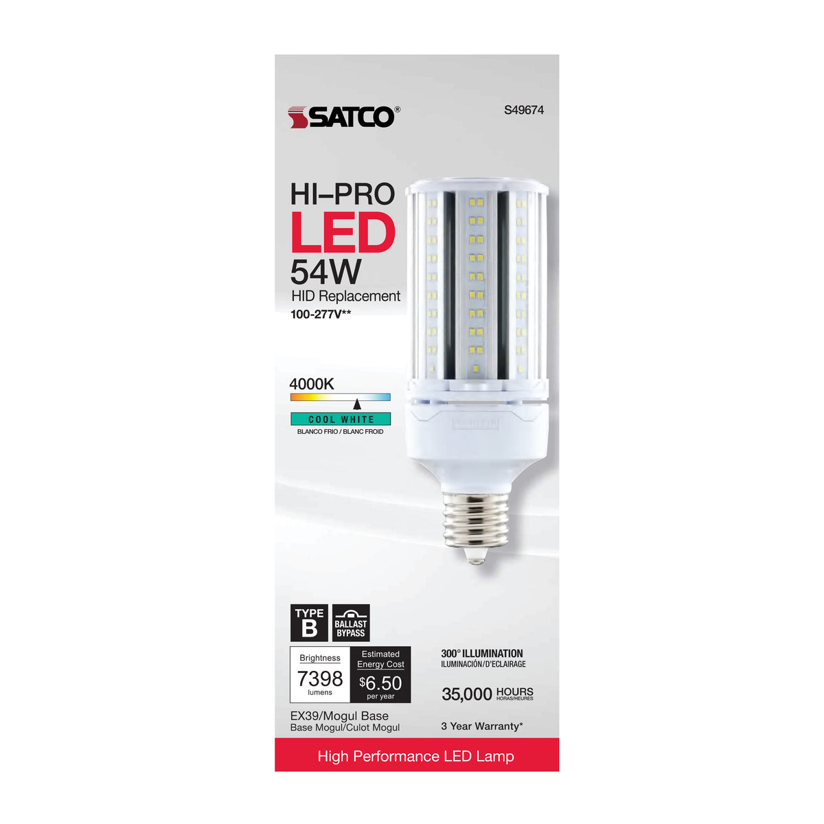 54 Watt LED HID Replacement - 4000K - Extended Mogul base - Type B Ballast Bypass - Economy Hi-Pro