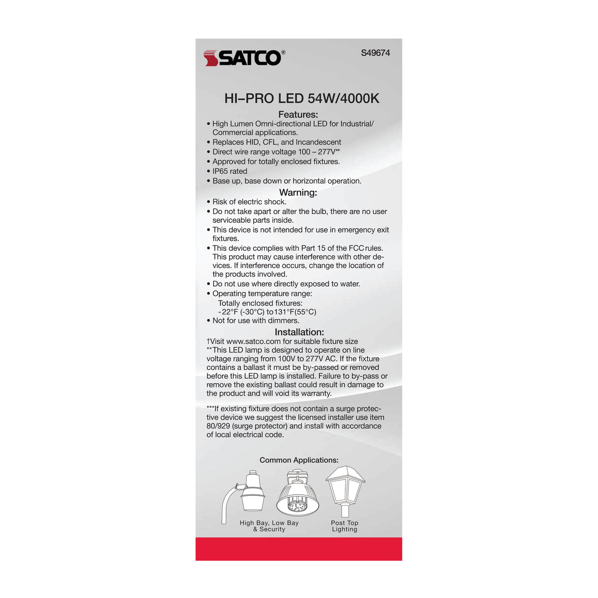 54 Watt LED HID Replacement - 4000K - Extended Mogul base - Type B Ballast Bypass - Economy Hi-Pro