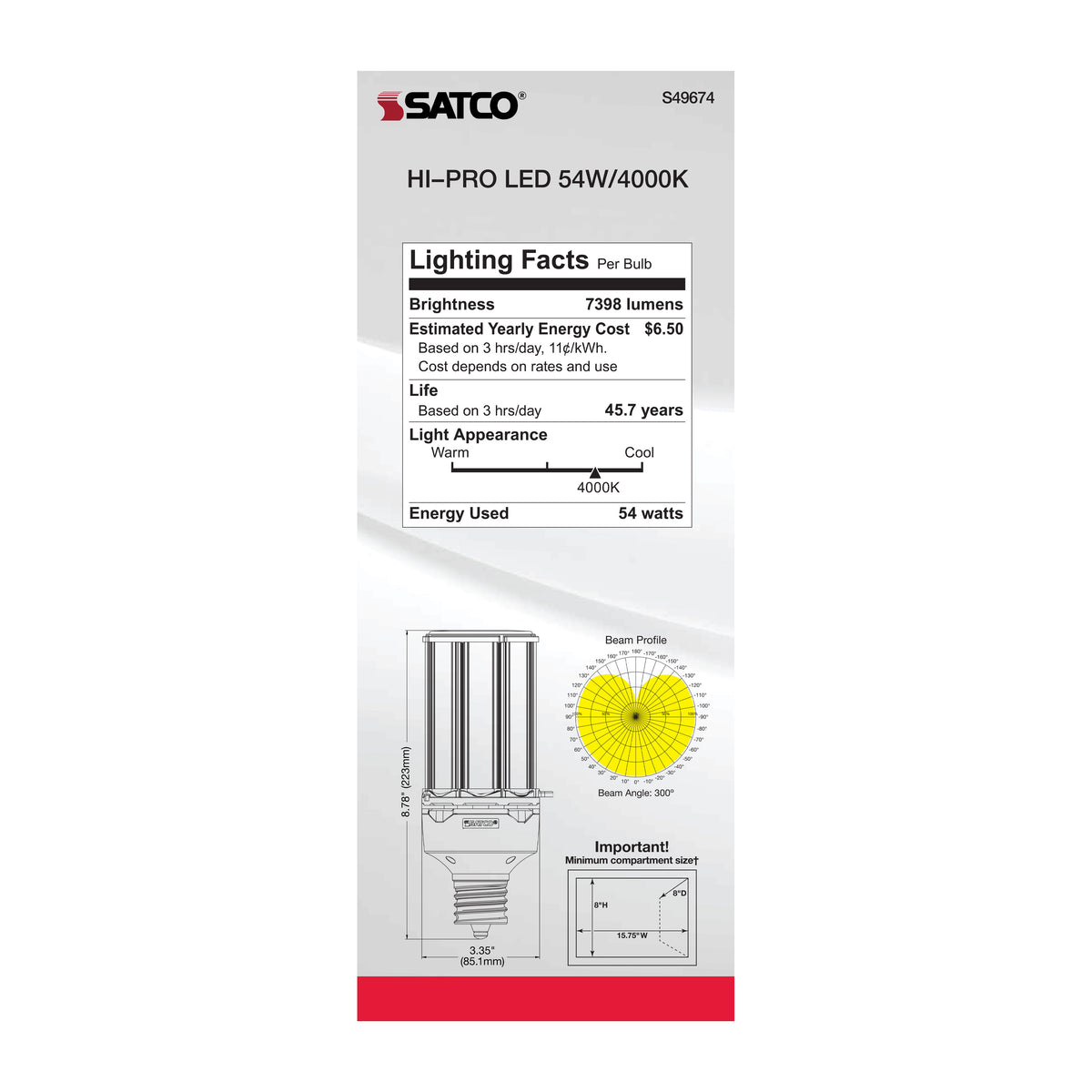 54 Watt LED HID Replacement - 4000K - Extended Mogul base - Type B Ballast Bypass - Economy Hi-Pro