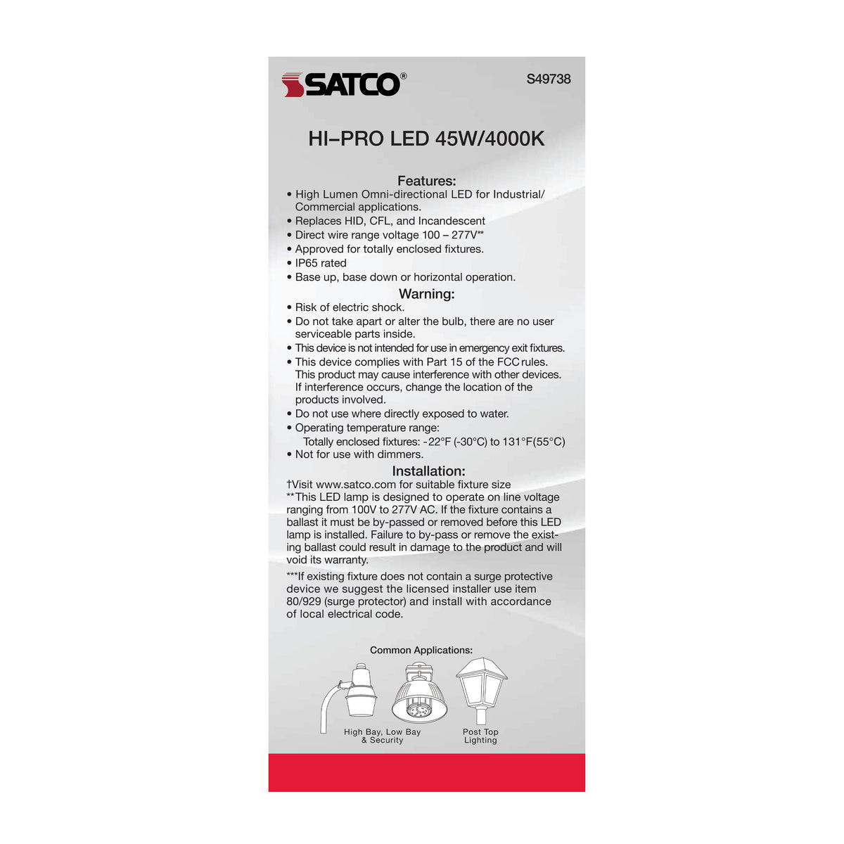 45 Watt LED HID Replacement - 80 CRI - 4000K - Type B - Ballast Bypass - Medium base - Economy Hi-Pro