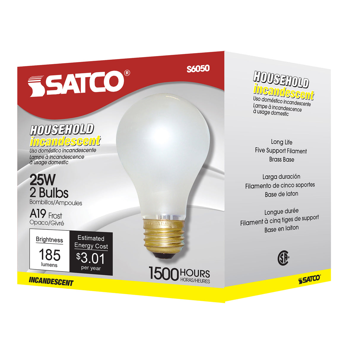 25 Watt A19 Incandescent - Frost - 1500 Average rated hours - 185 Lumens - Medium base - 120 Volt - 2-Pk