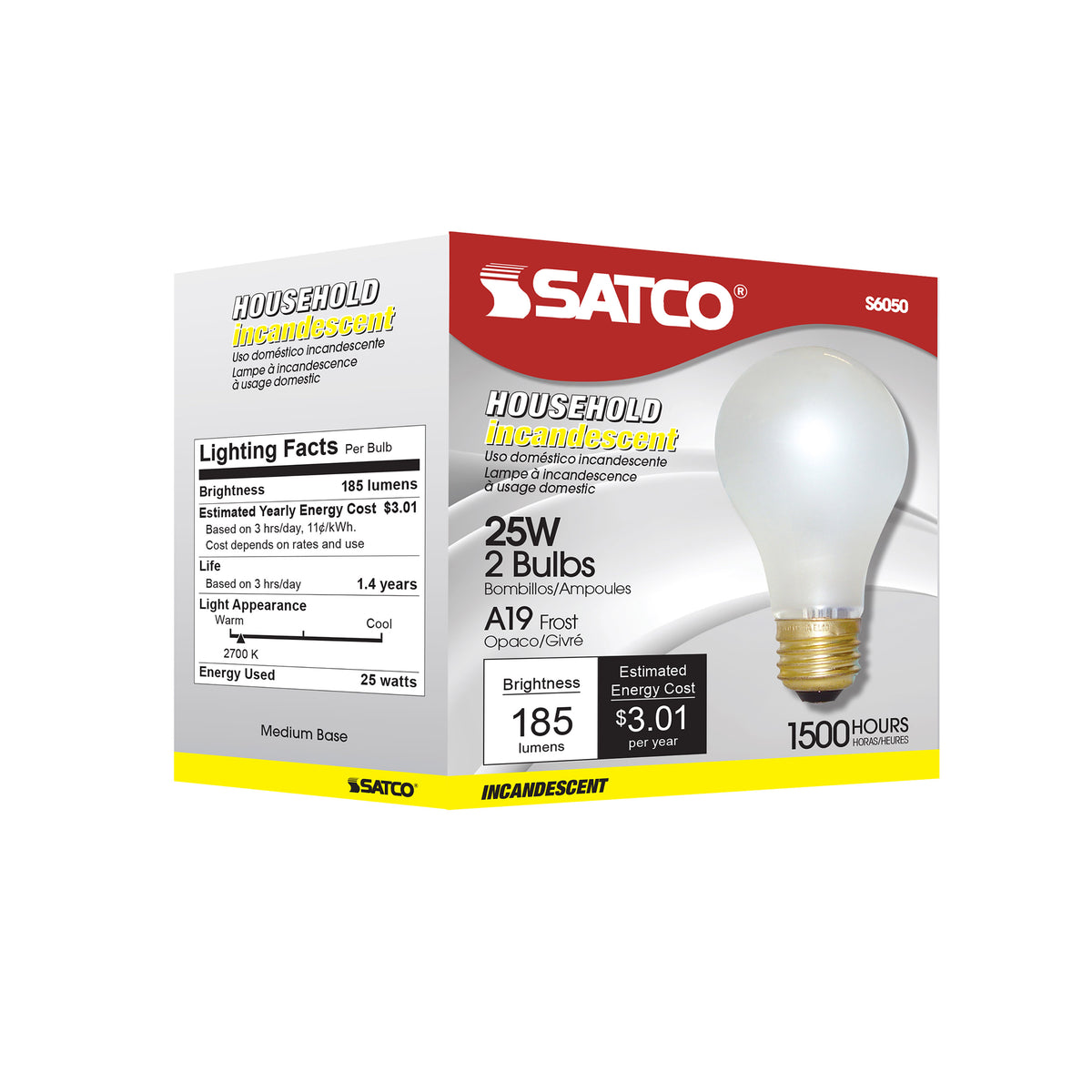 25 Watt A19 Incandescent - Frost - 1500 Average rated hours - 185 Lumens - Medium base - 120 Volt - 2-Pk