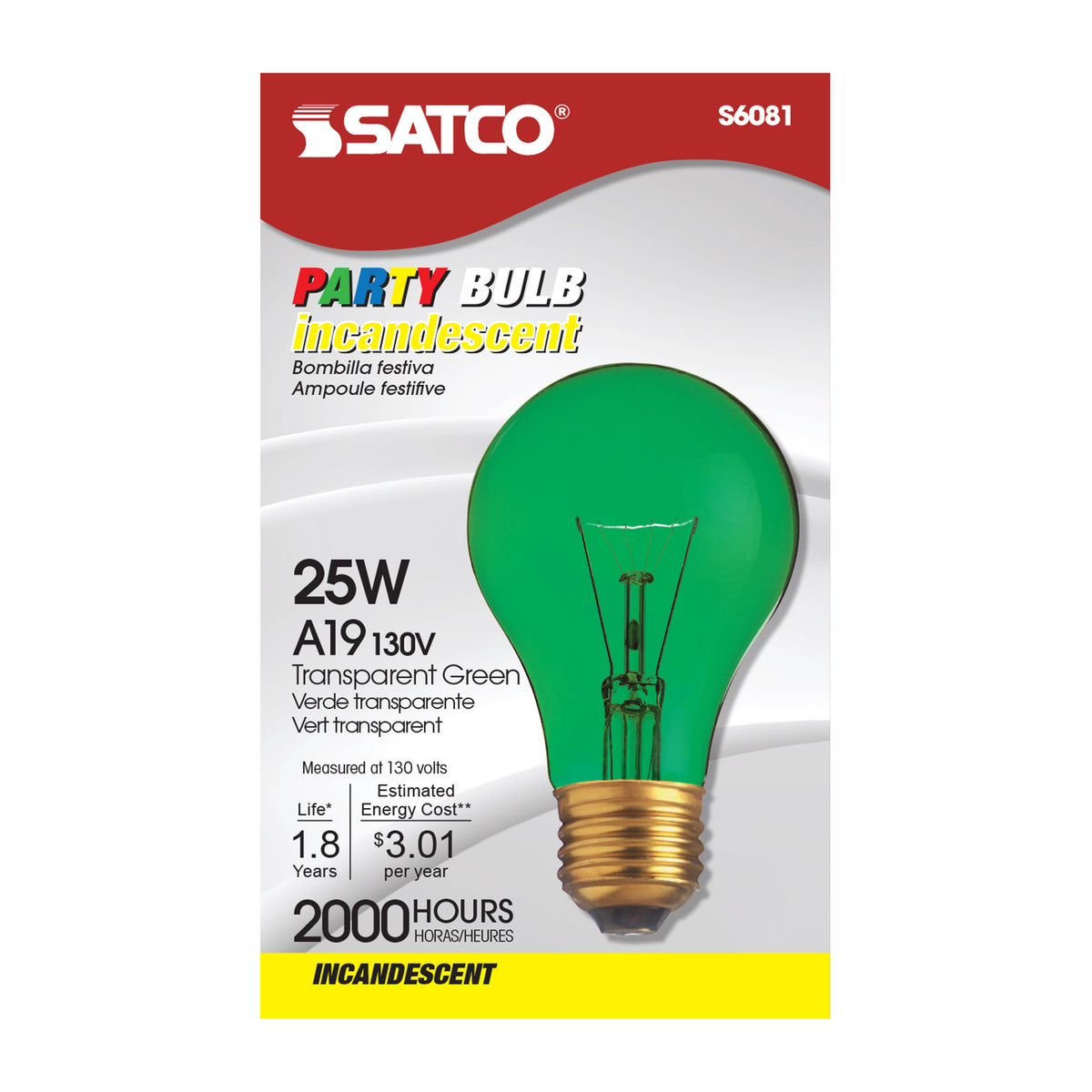 25 Watt A19 Incandescent - Transparent Green - 2000 Average rated hours - Medium base - 130 Volt