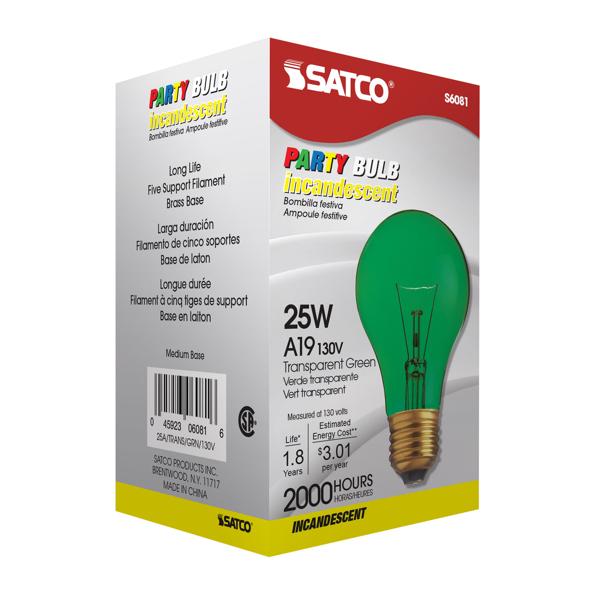 25 Watt A19 Incandescent - Transparent Green - 2000 Average rated hours - Medium base - 130 Volt