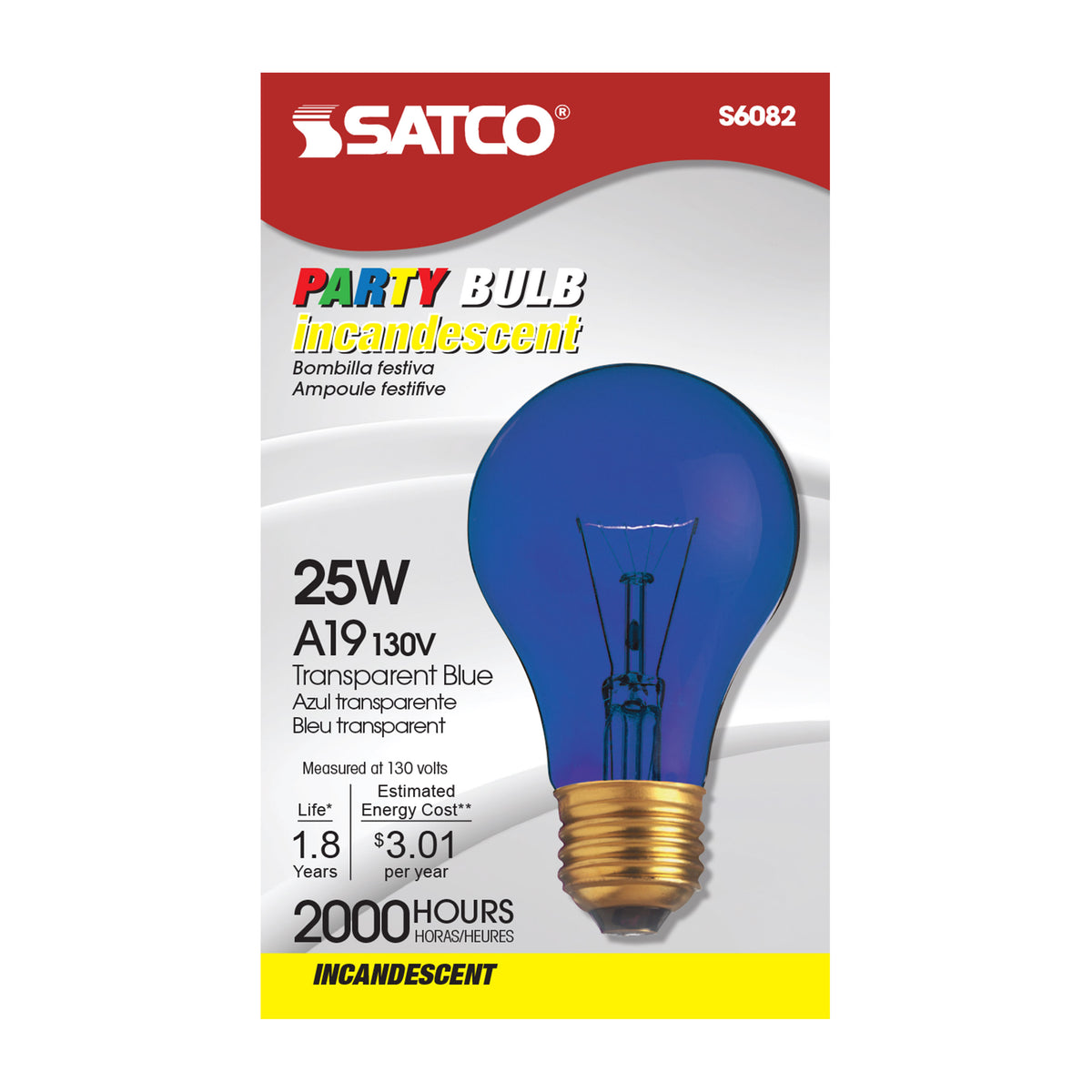 25 Watt A19 Incandescent - Transparent Blue - 2000 Average rated hours - Medium base - 130 Volt