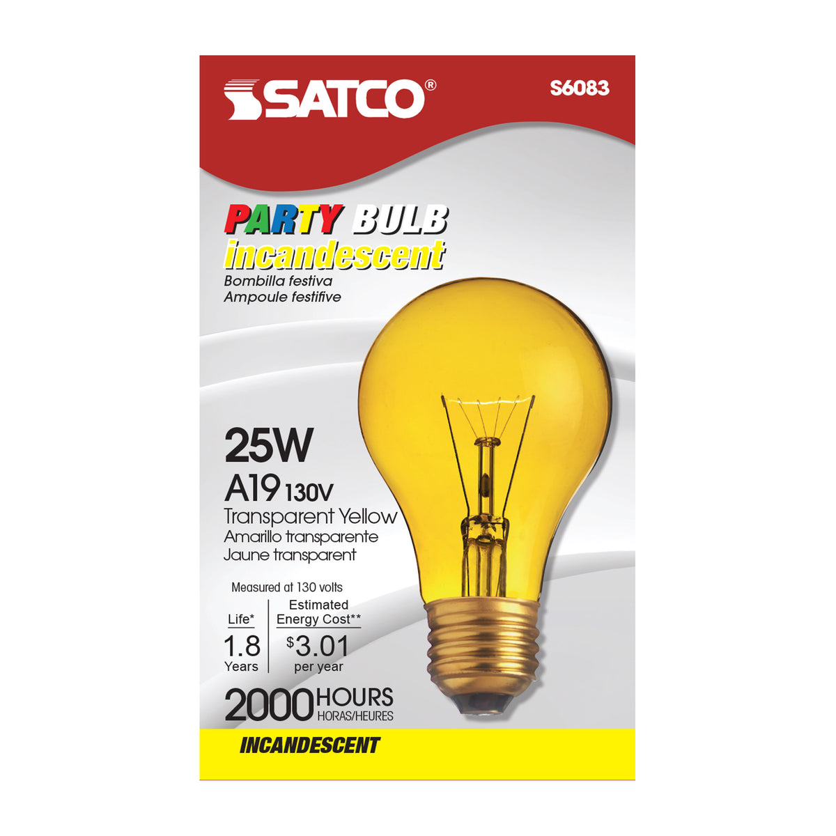 25 Watt A19 Incandescent - Transparent Yellow - 2000 Average rated hours - Medium base - 130 Volt