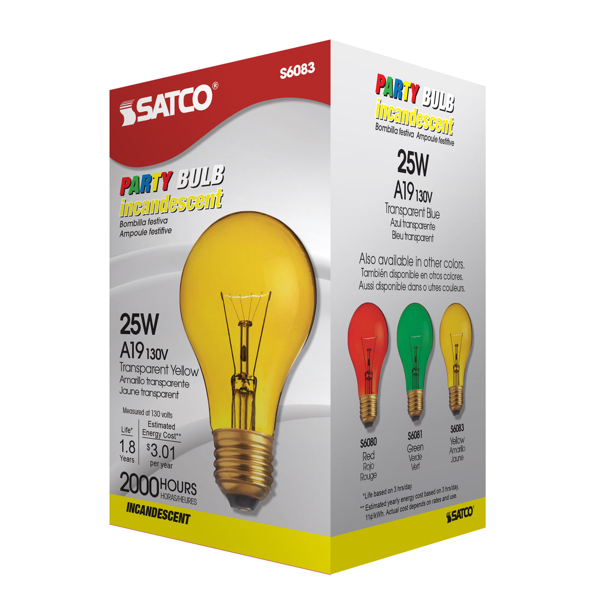 25 Watt A19 Incandescent - Transparent Yellow - 2000 Average rated hours - Medium base - 130 Volt