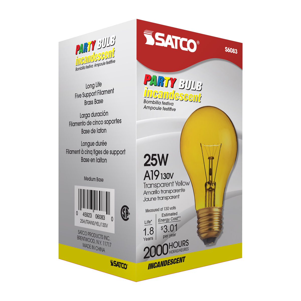 25 Watt A19 Incandescent - Transparent Yellow - 2000 Average rated hours - Medium base - 130 Volt