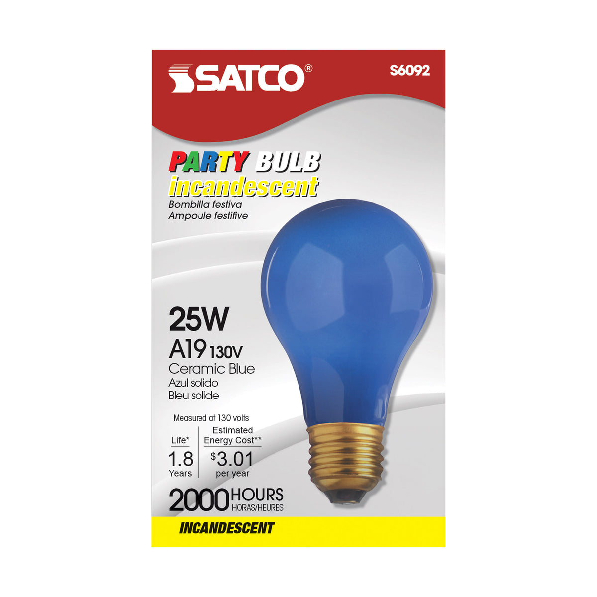 25 Watt A19 Incandescent - Ceramic Blue - 1000 Average rated hours - 80 Lumens - Medium base - 130 Volt