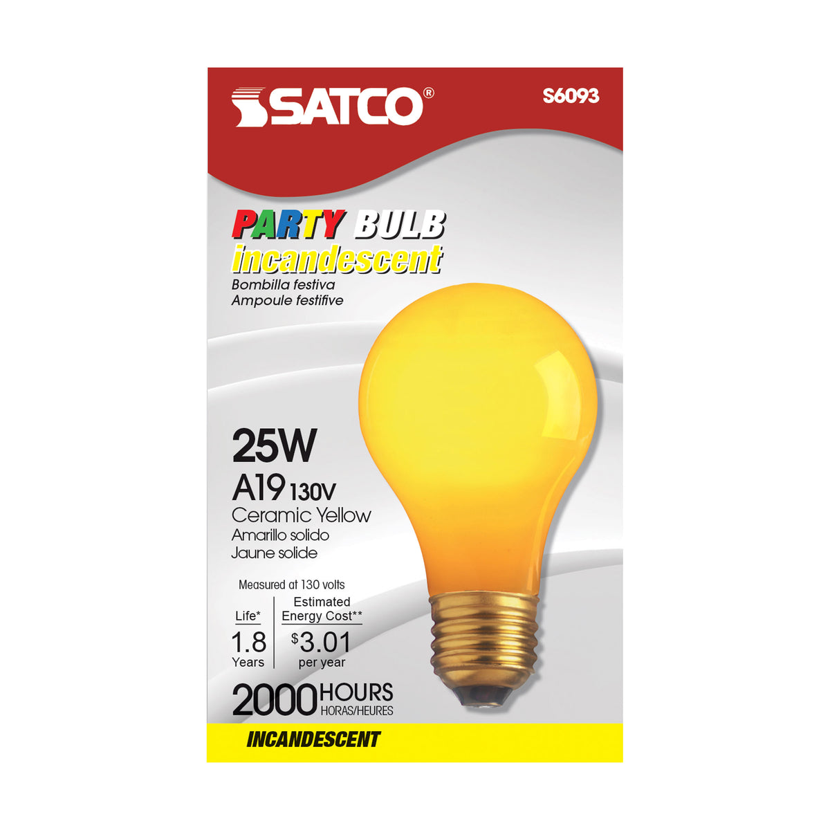 25 Watt A19 Incandescent - Ceramic Yellow - 1000 Average rated hours - 30 Lumens - Medium base - 130 Volt