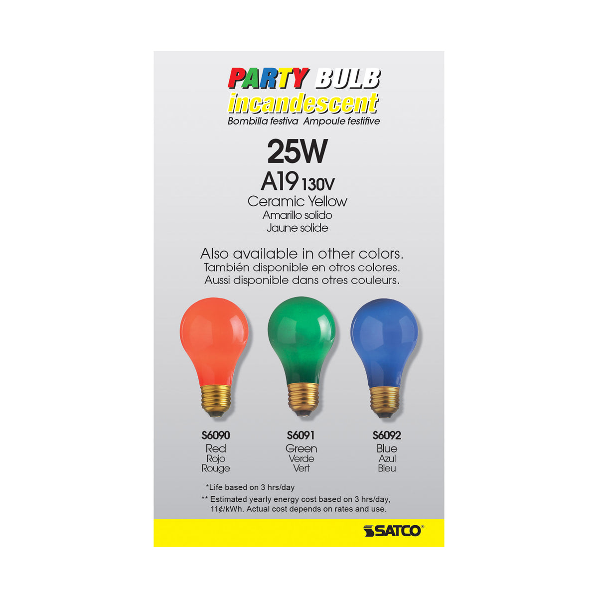 25 Watt A19 Incandescent - Ceramic Yellow - 1000 Average rated hours - 30 Lumens - Medium base - 130 Volt