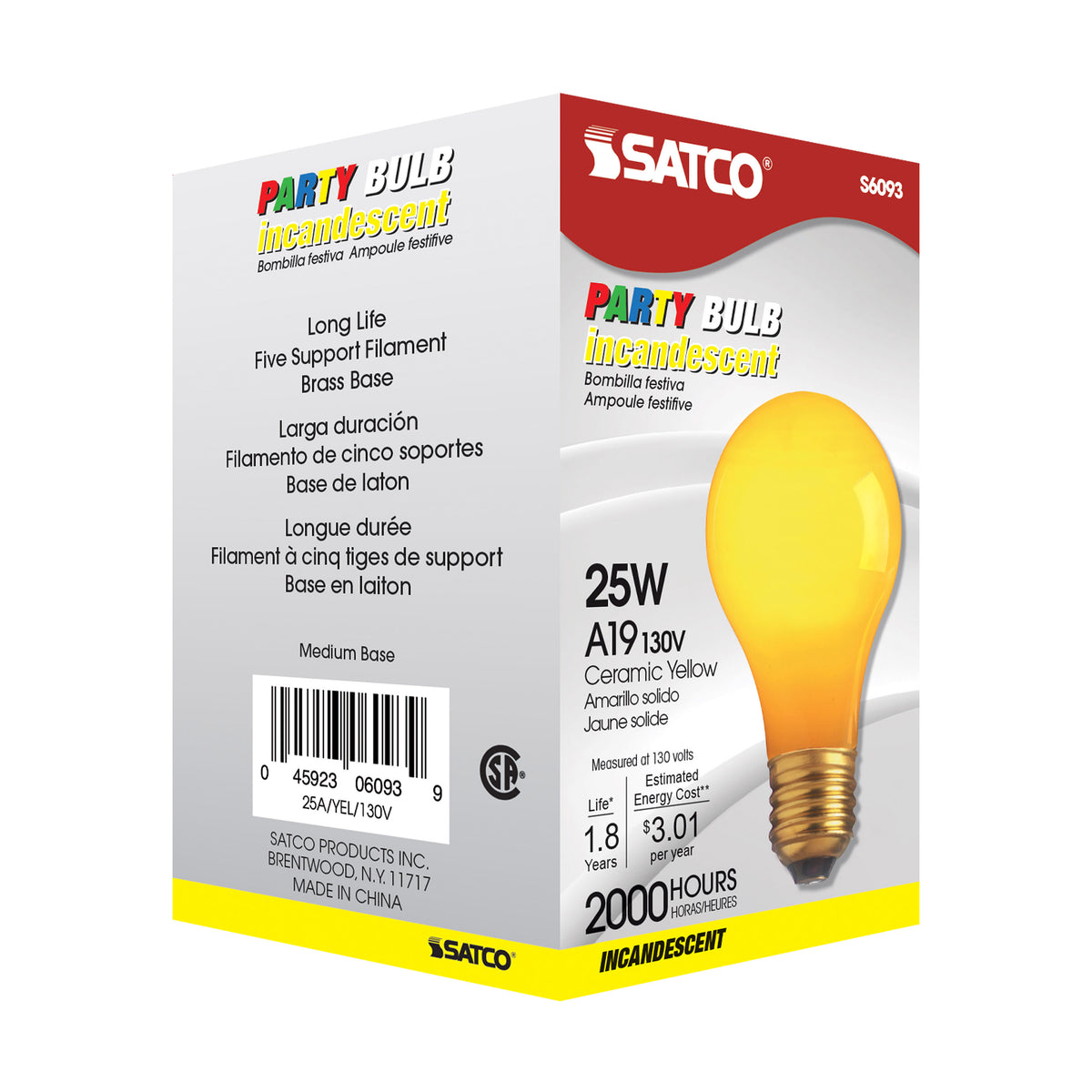 25 Watt A19 Incandescent - Ceramic Yellow - 1000 Average rated hours - 30 Lumens - Medium base - 130 Volt