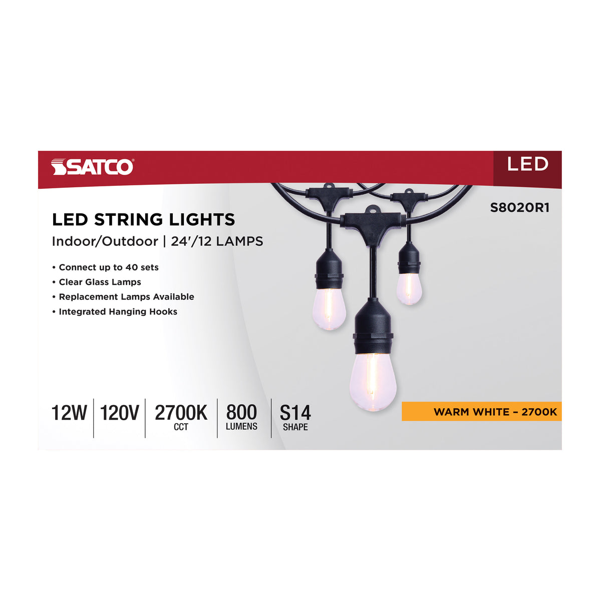 24 Foot LED String Light - 12-S14 Lamps - 2700K CCT - Black - 120 Volt