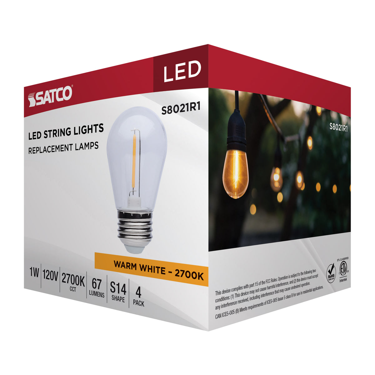 S14 LED String Light Replacement Lamp - Medium Base - 2700K - Clear - 120 Volt - 4-Pack