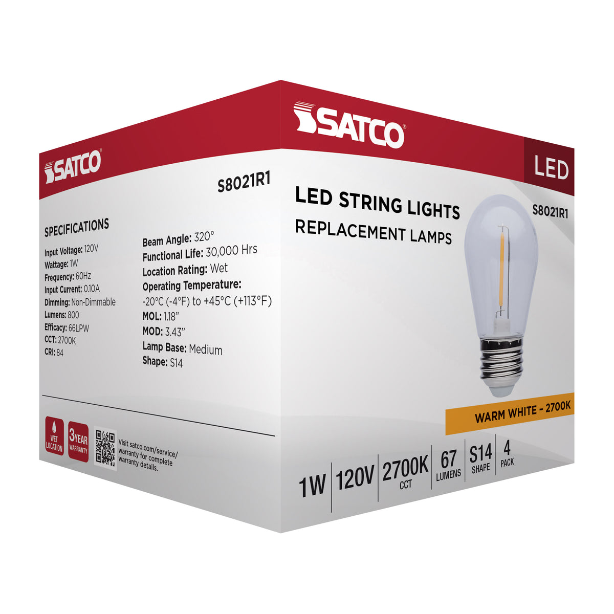 S14 LED String Light Replacement Lamp - Medium Base - 2700K - Clear - 120 Volt - 4-Pack