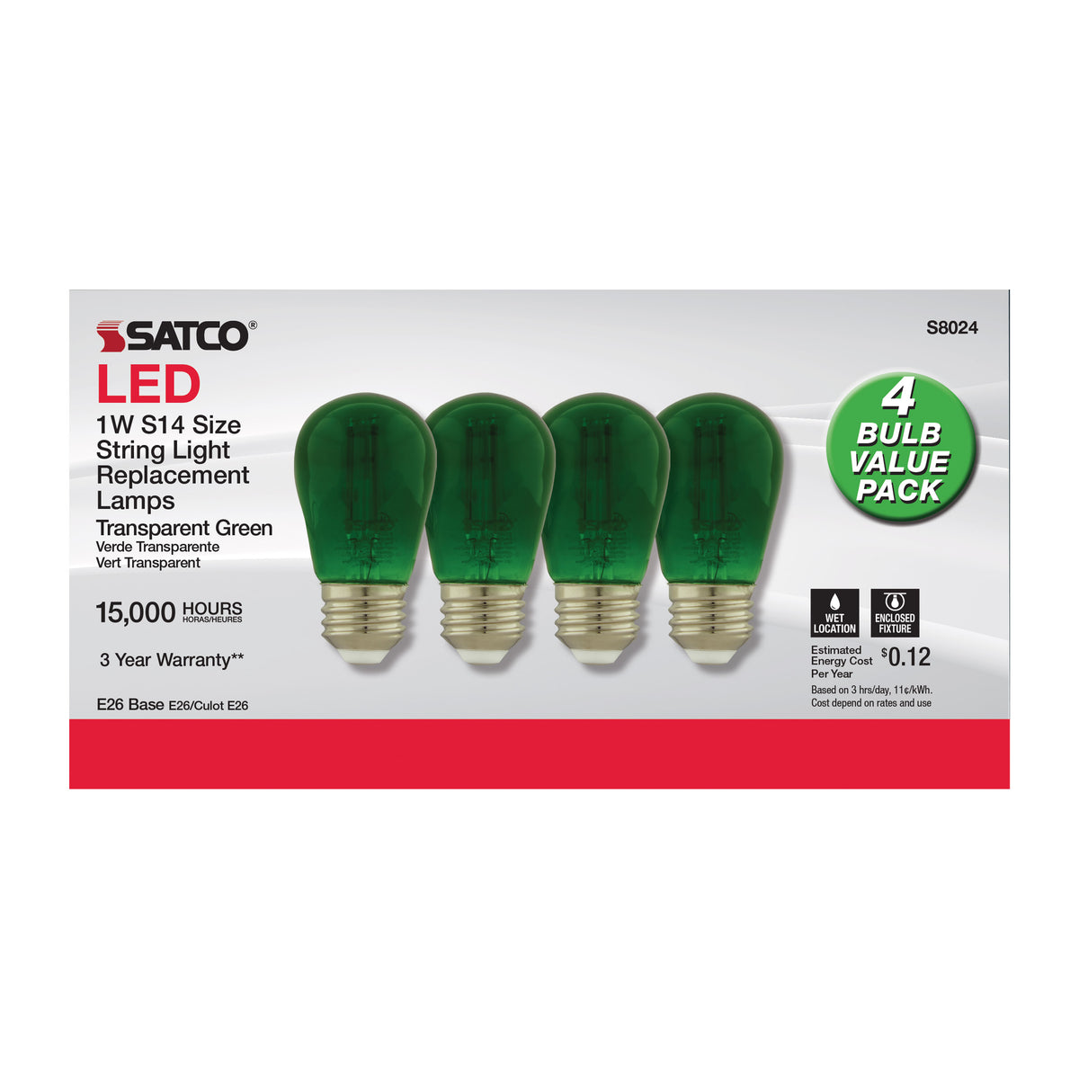 1 Watt - S14 LED Filament - Green Transparent Glass Bulb - E26 Base - 120 Volt - Non-Dimmable - Pack of 4