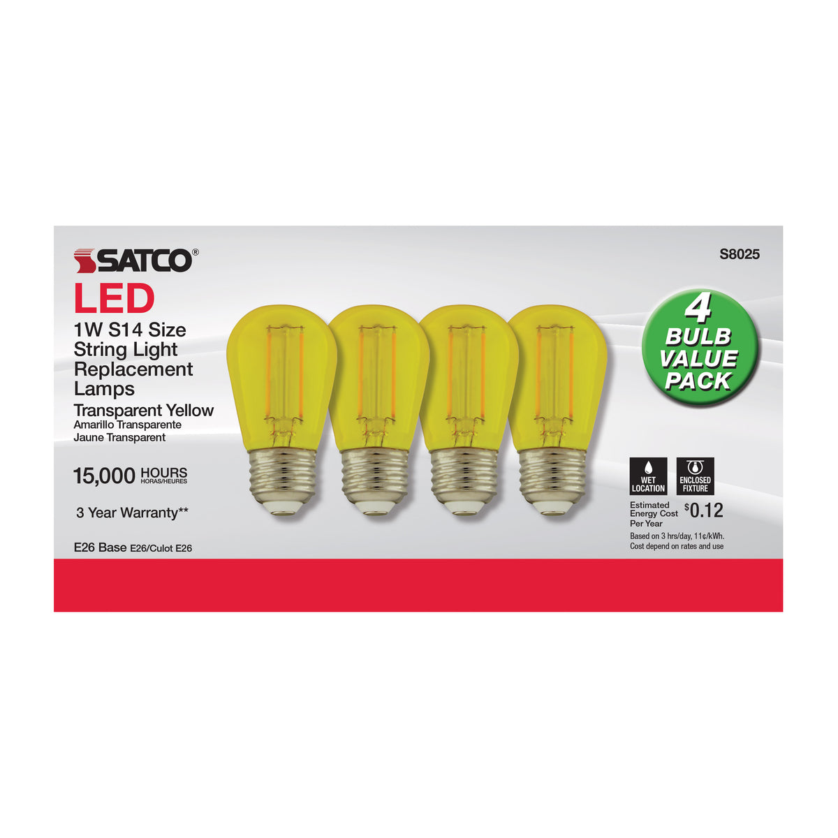 1 Watt - S14 LED Filament - Yellow Transparent Glass Bulb - E26 Base - 120 Volt - Non-Dimmable - Pack of 4