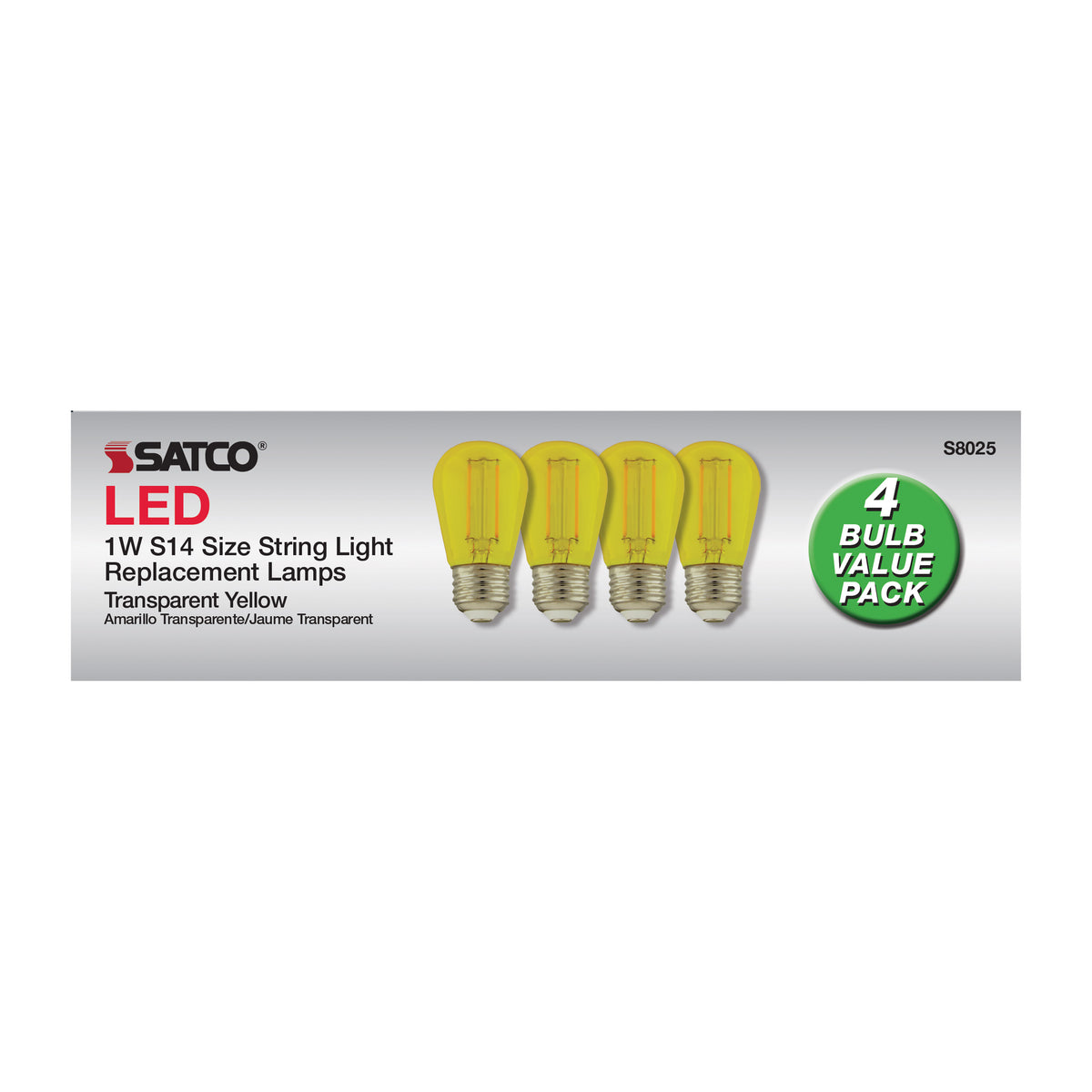 1 Watt - S14 LED Filament - Yellow Transparent Glass Bulb - E26 Base - 120 Volt - Non-Dimmable - Pack of 4