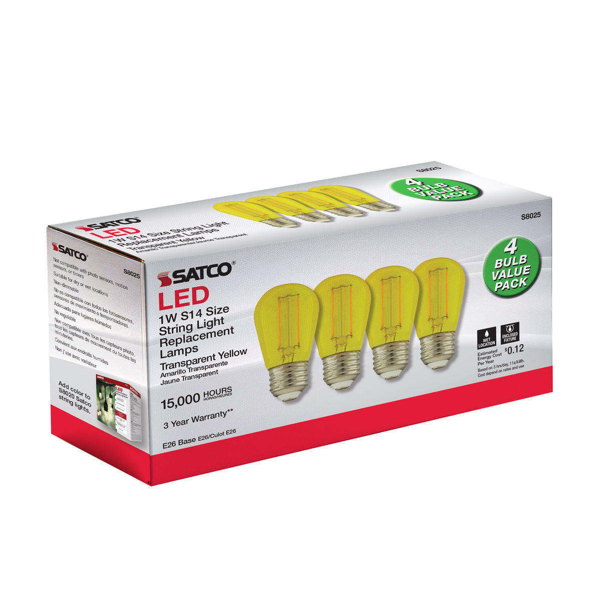 1 Watt - S14 LED Filament - Yellow Transparent Glass Bulb - E26 Base - 120 Volt - Non-Dimmable - Pack of 4