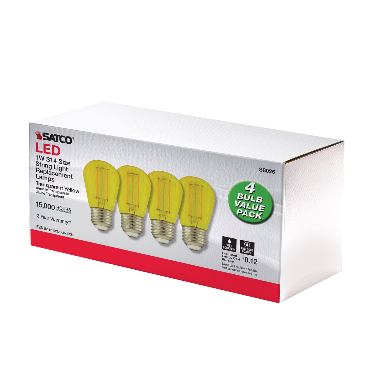 1 Watt - S14 LED Filament - Yellow Transparent Glass Bulb - E26 Base - 120 Volt - Non-Dimmable - Pack of 4
