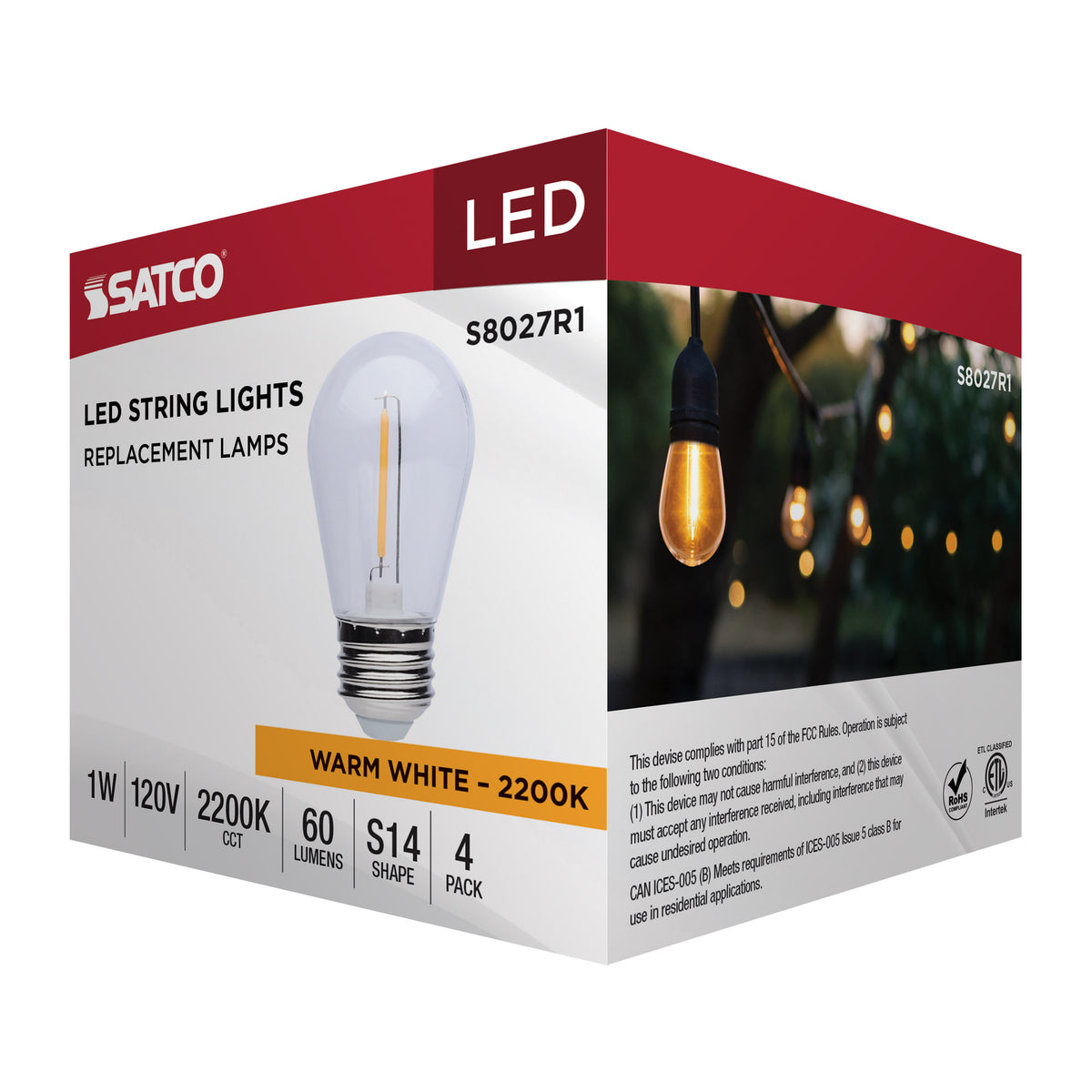S14 LED String Light Replacement Lamp - Medium Base - 2200K - Clear - 120 Volt - 4-Pack