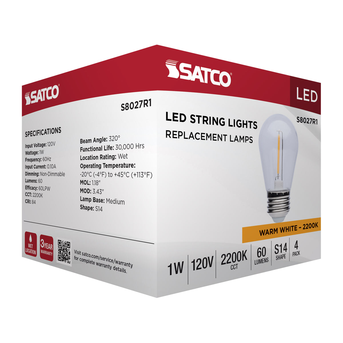 S14 LED String Light Replacement Lamp - Medium Base - 2200K - Clear - 120 Volt - 4-Pack
