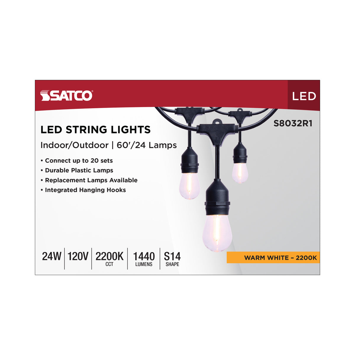 60 Foot LED String Light - 24-S14 Lamps - Medium Base - 2200K CCT - Black