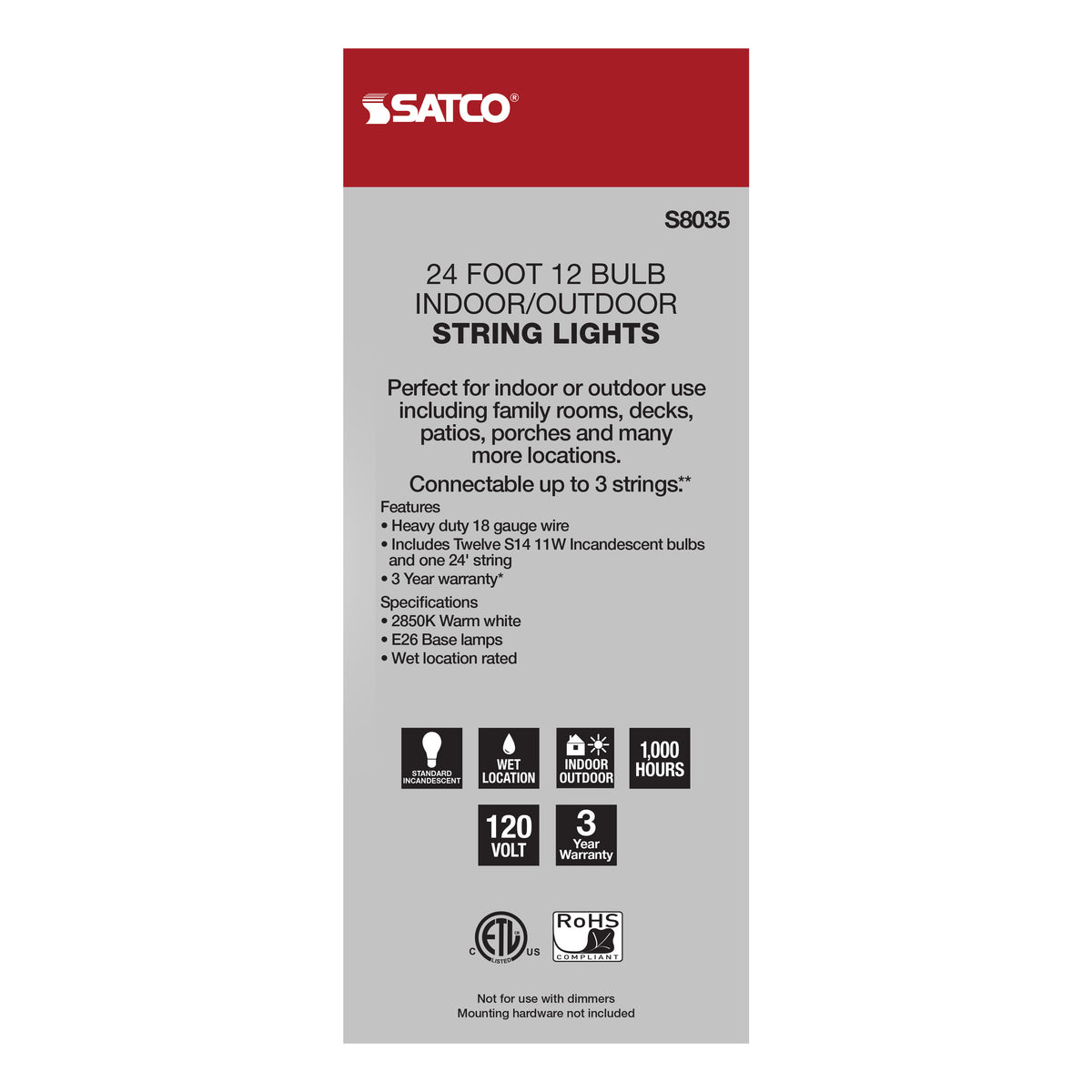 24Ft - Incandescent String Light - Includes 12-S14 bulbs - 120 Volts