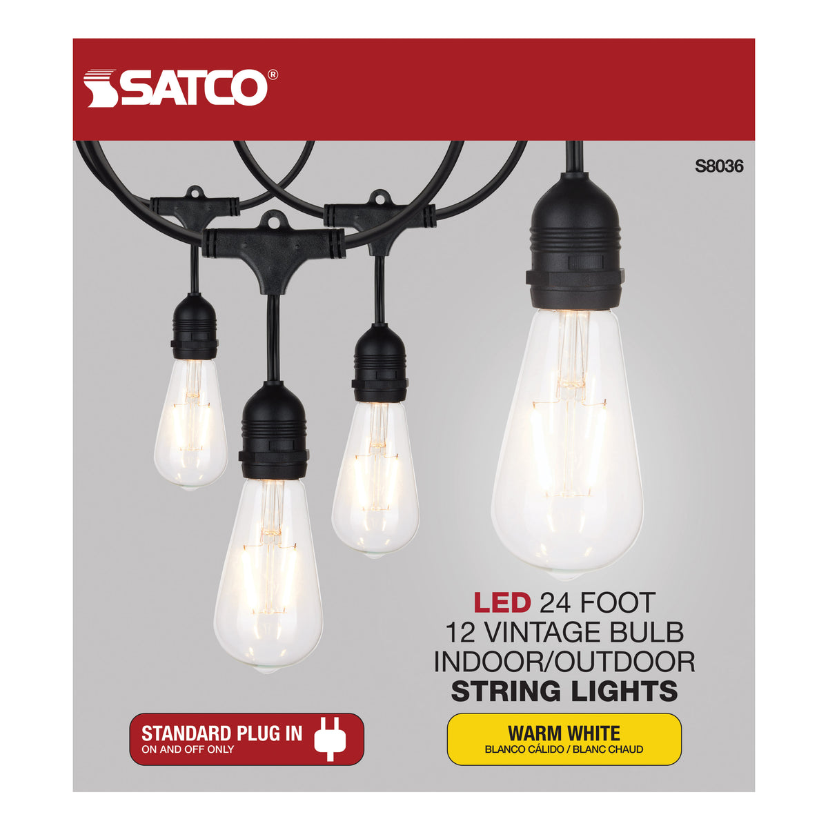 24Ft - LED String Light - 12 Vintage ST19 bulbs Included - 120 Volts